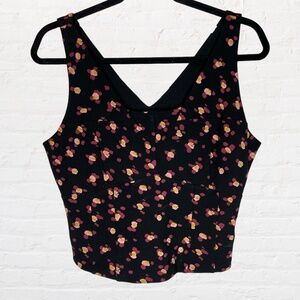 Womens Floral Print Sleeveless Fitted Crop Top Size Medium Black Pink Ponte Knit